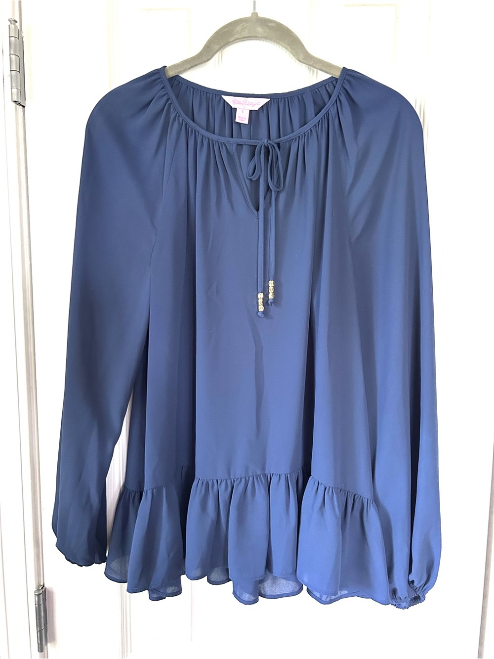 Lilly Pulitzer Blue Ruffle Hem Tie Neck Blouse Size Small